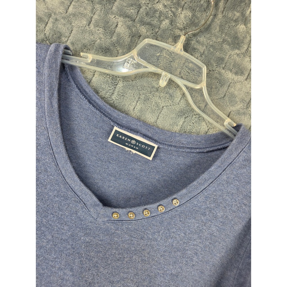 Karen Scott Woman Blue Heather V-Neck 3/4 Sleeve Button Accent Knit Top XL